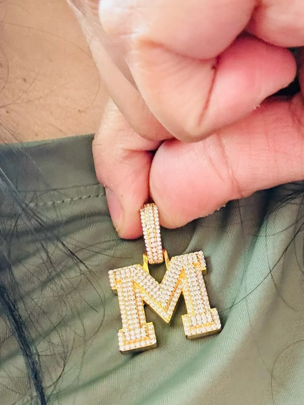 14k Yellow Gold Vermeil M initial Pendant, M monogram VVS Moissanite Diamond WOW